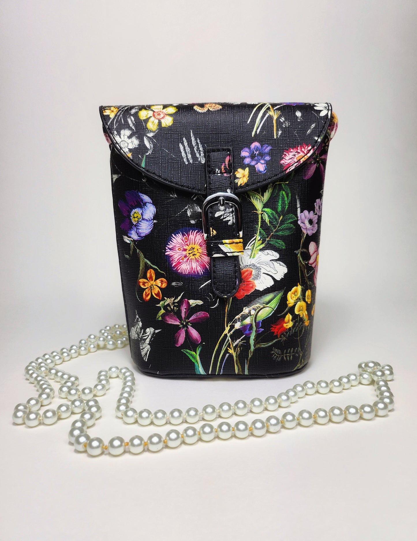 Black Floral Print Eze Leather Crossbody Bag