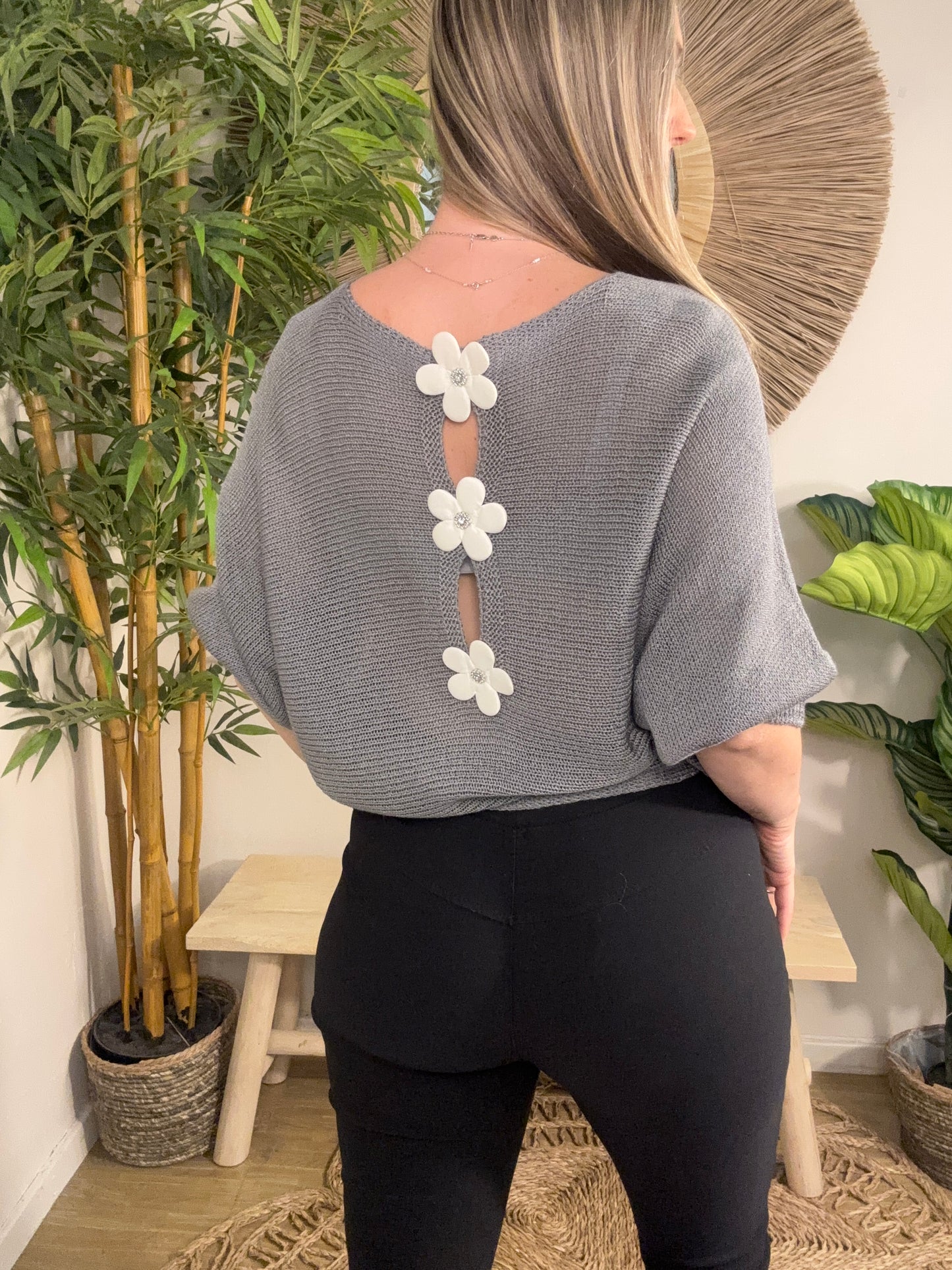 Daisy Back Mesh Jumper Light Grey