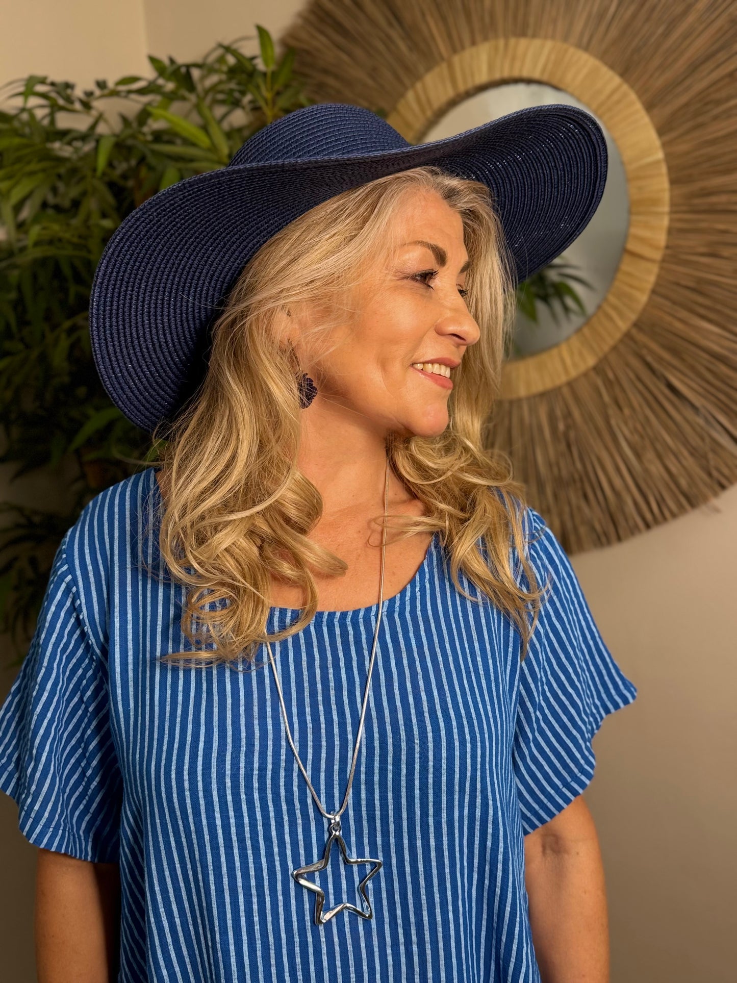 Blue Wide Brim Straw Hat