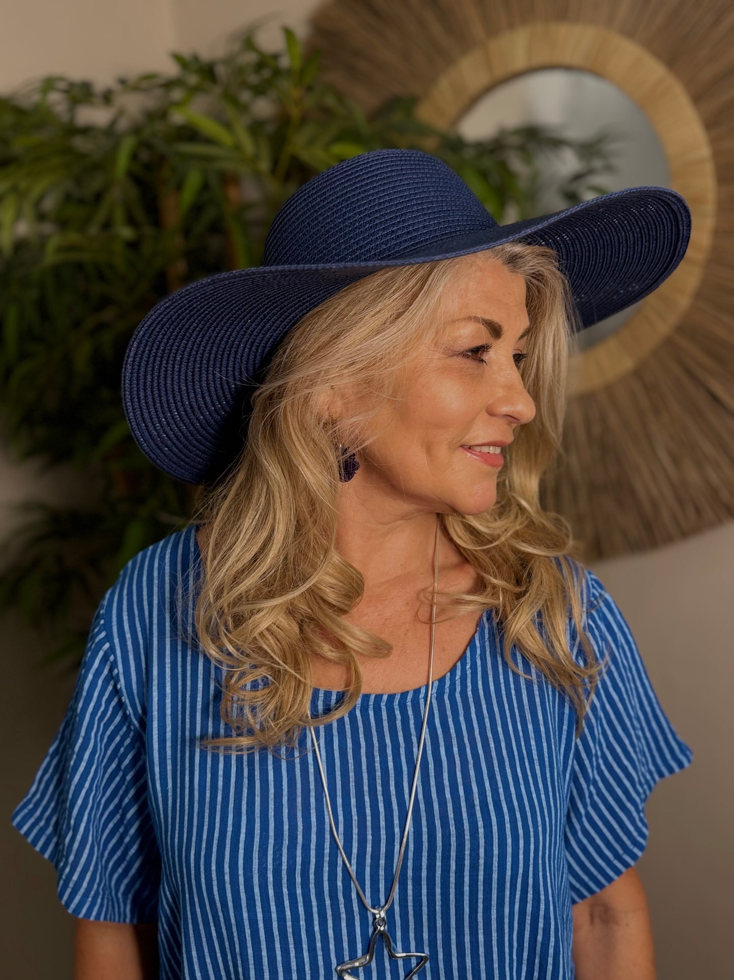 Blue Wide Brim Straw Hat