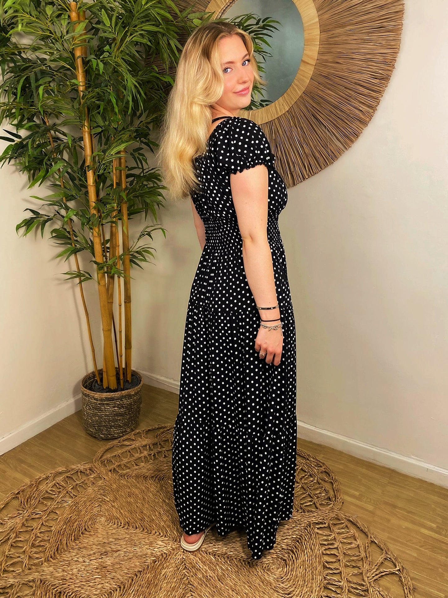 Polka Dot Bardot Maxi Dress Black