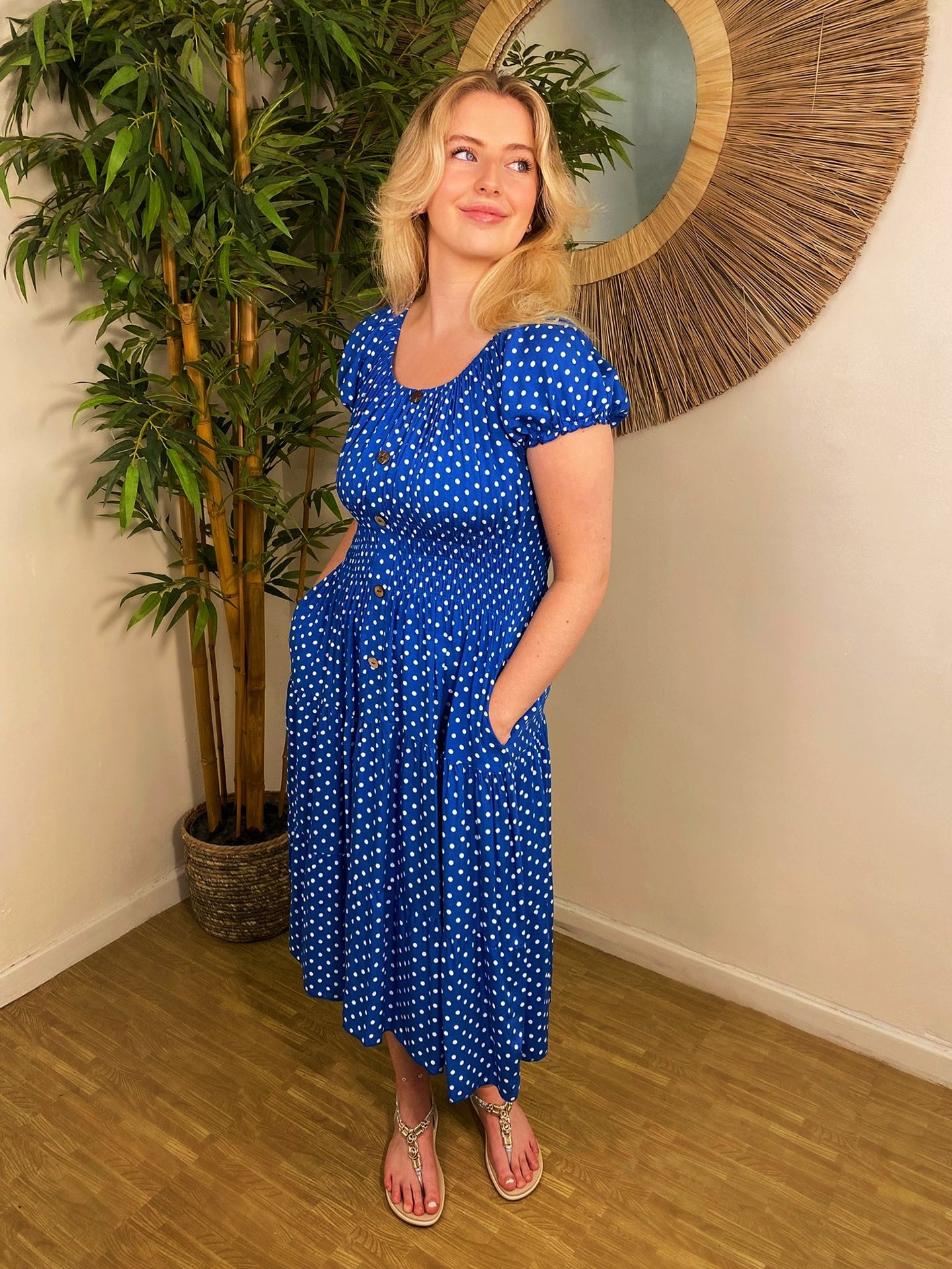 Polka Dot Bardot Midi Dress Cobalt Blue