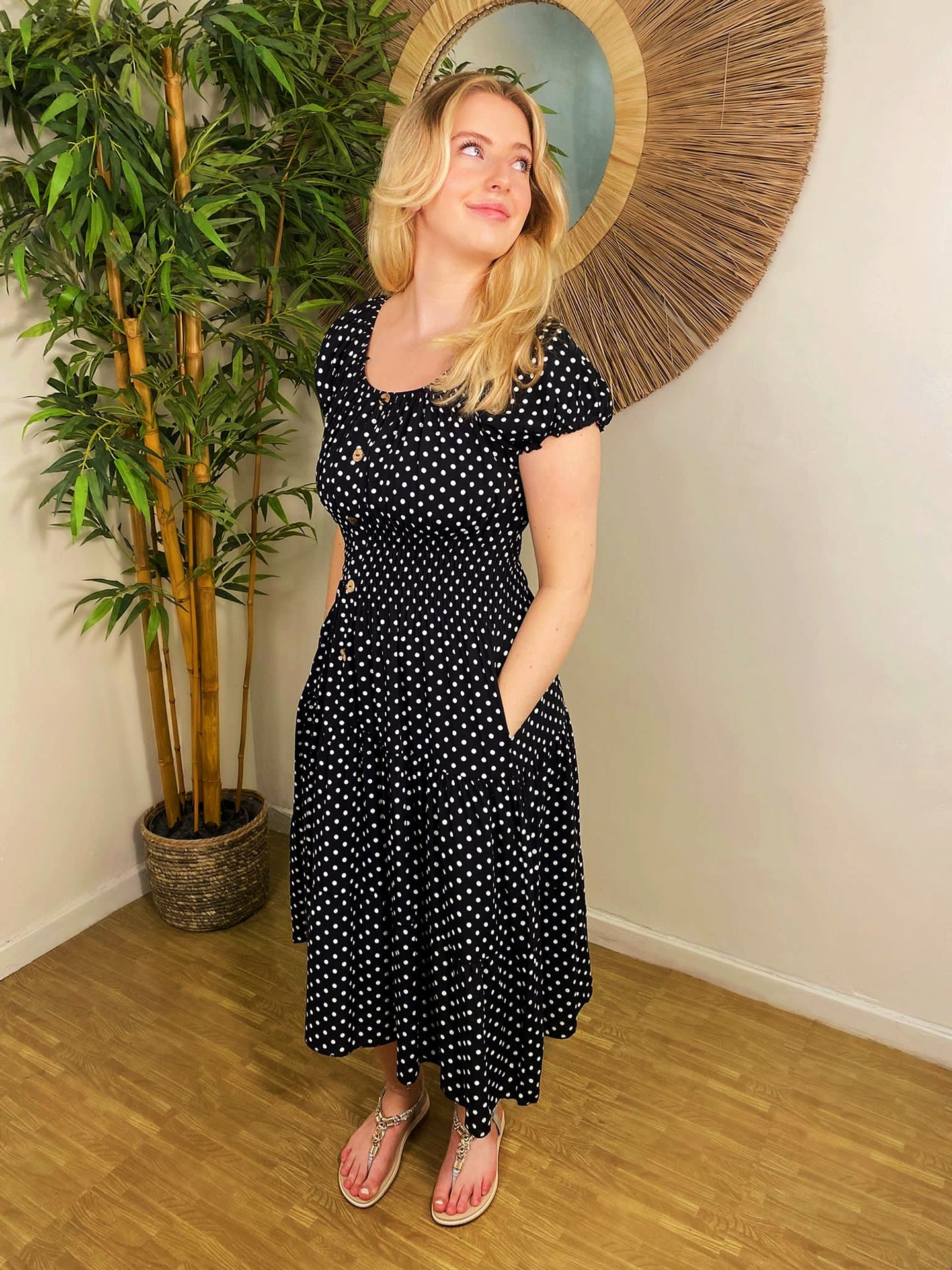 Polka Dot Bardot Midi Dress Black