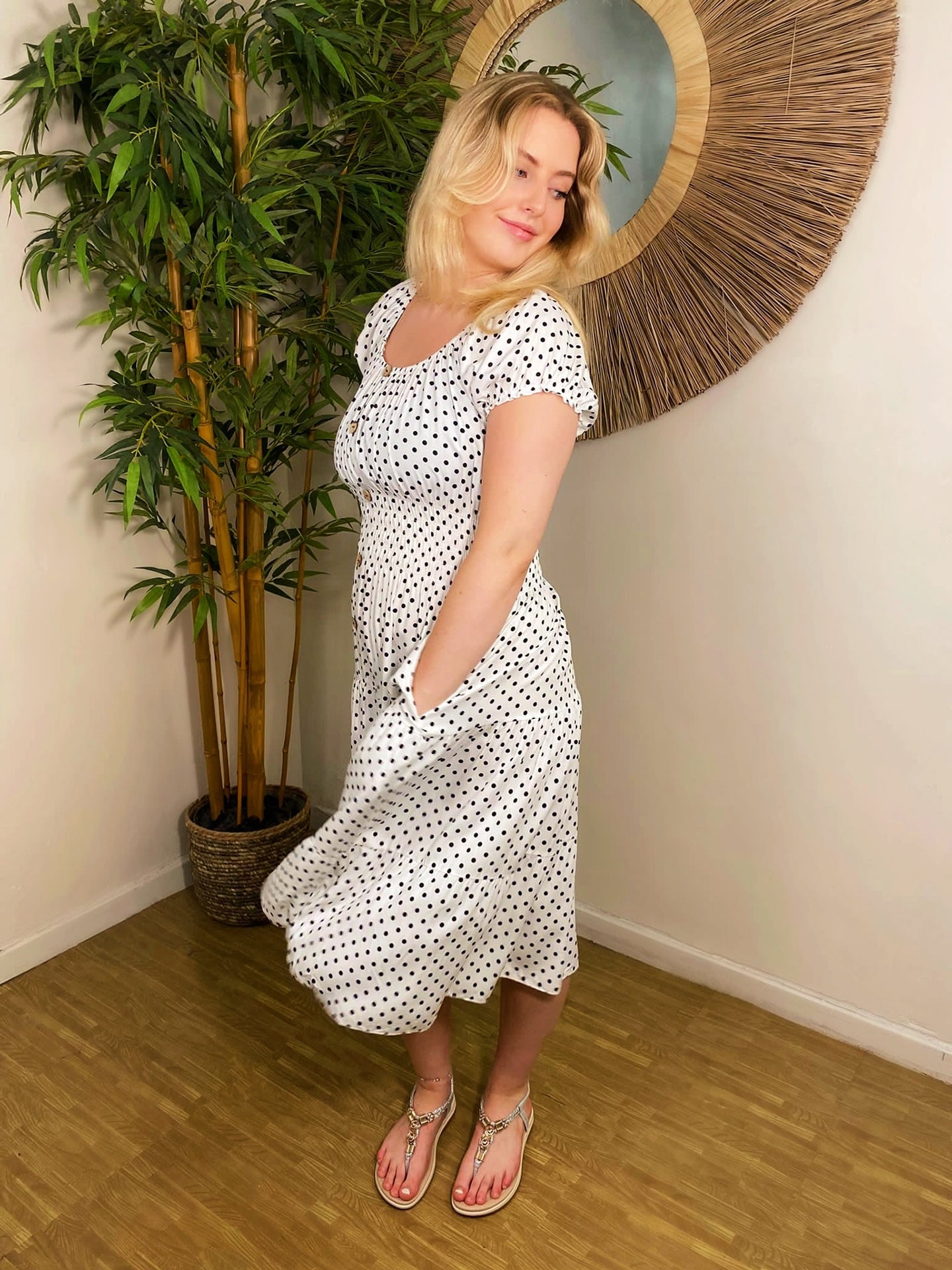 Polka Dot Bardot Midi Dress White