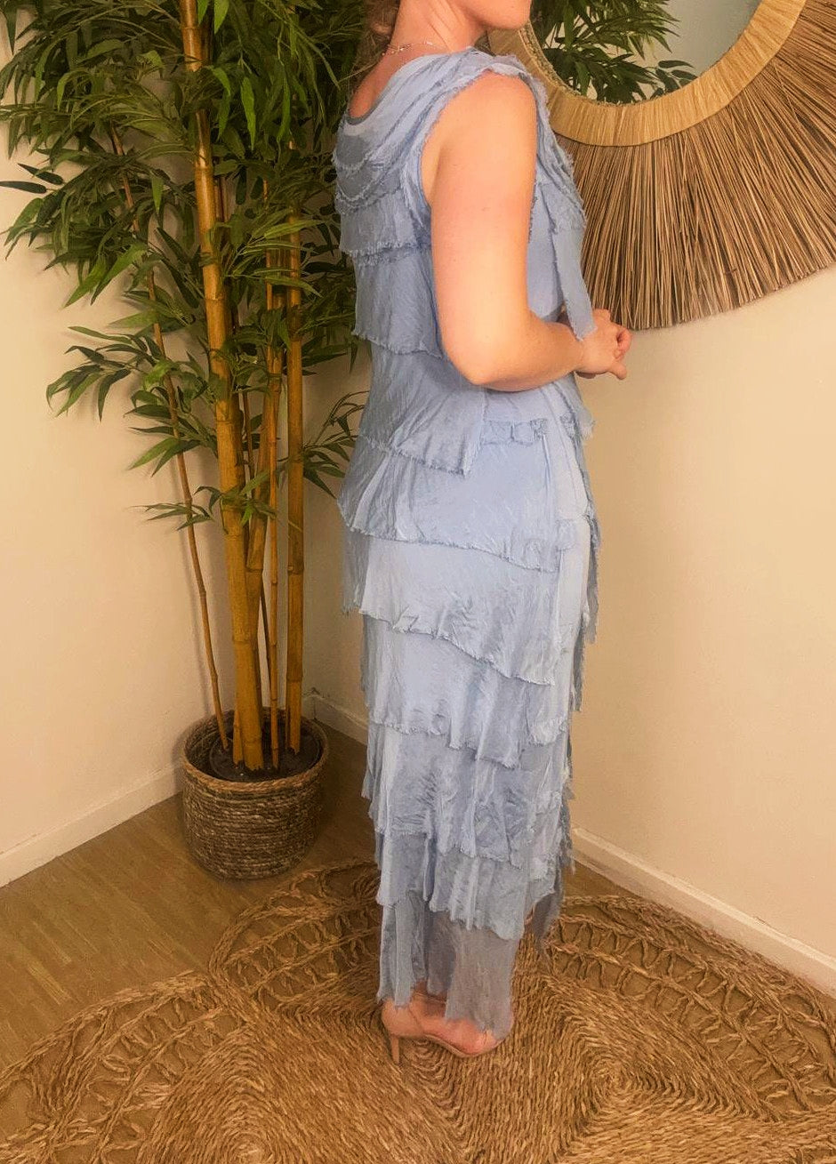 Elle Maxi Silky Layer Dress Denim Blue