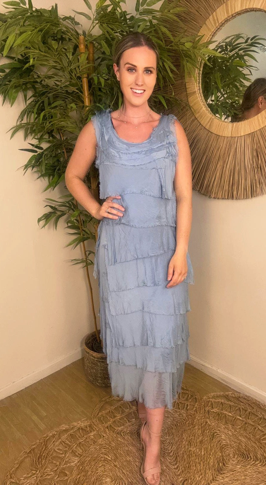 Elle Maxi Silky Layer Dress Denim Blue