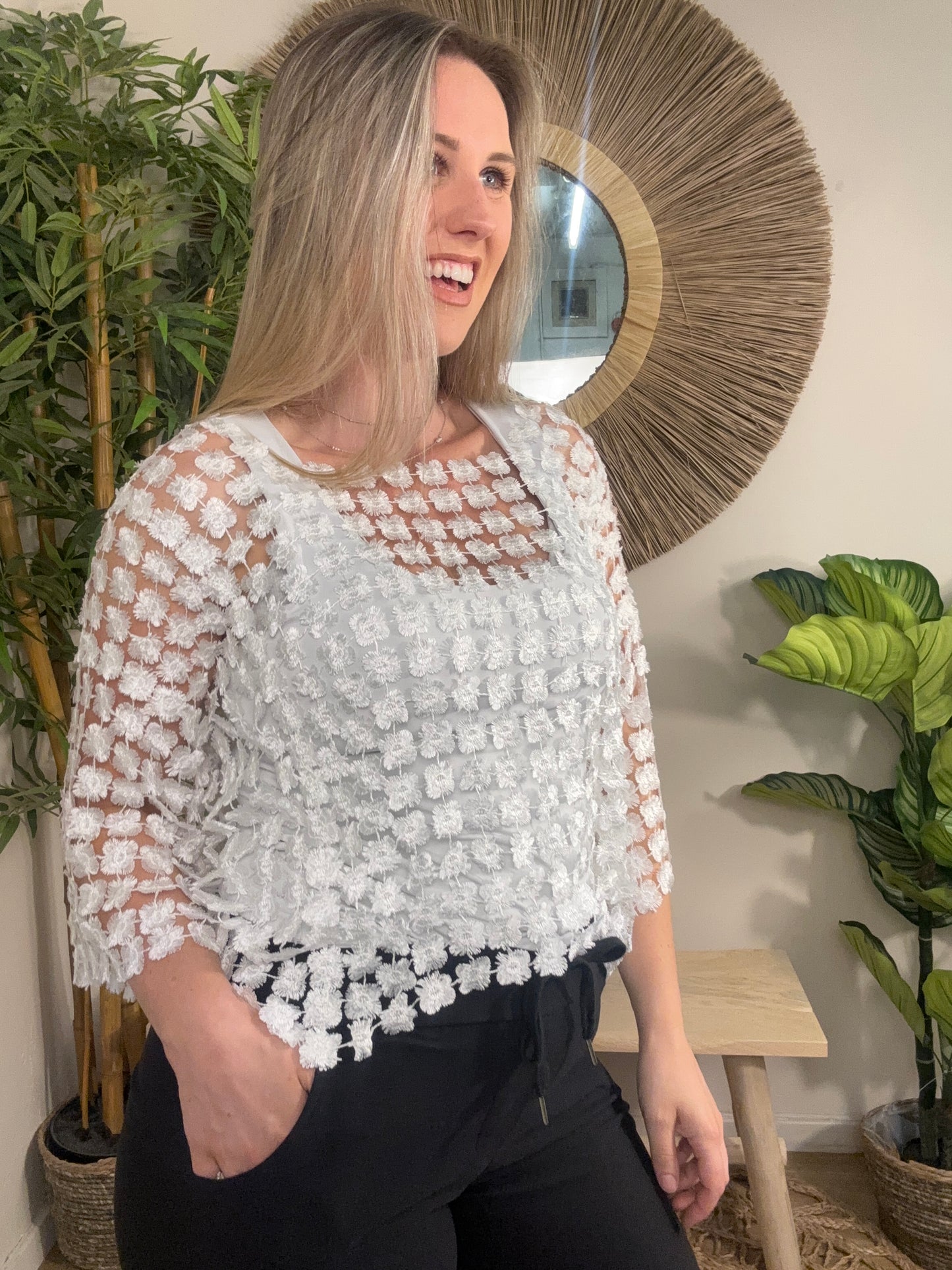 Floral Mesh Top White