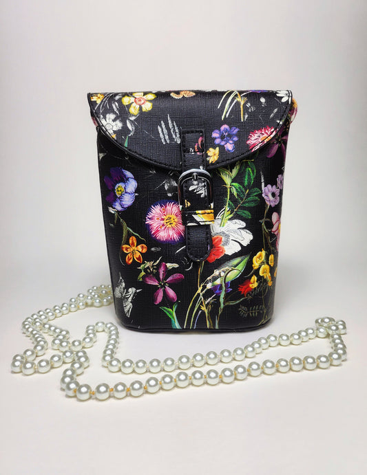 Black Floral Print Eze Leather Crossbody Bag