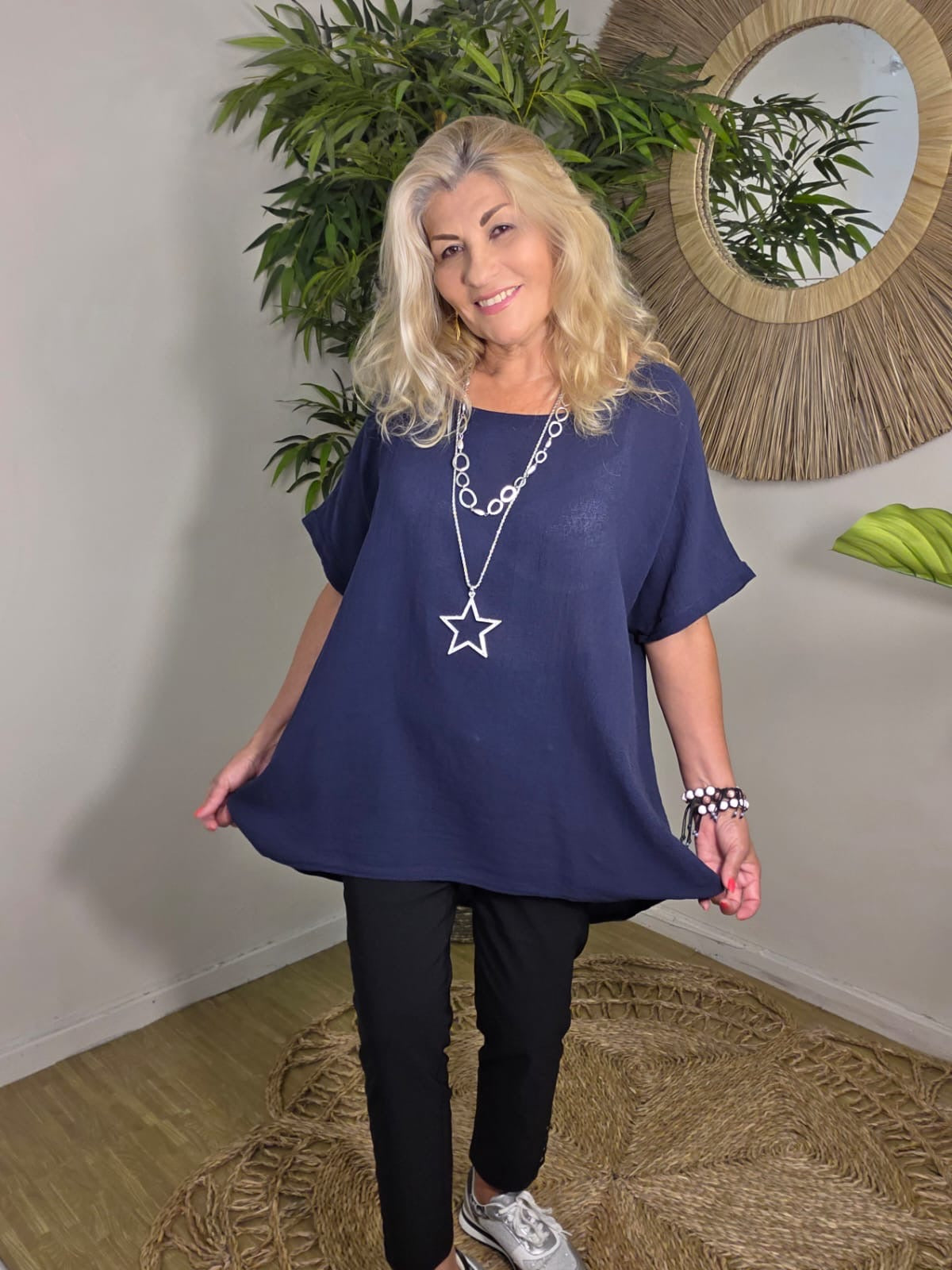 Anais Button Detail Top Navy