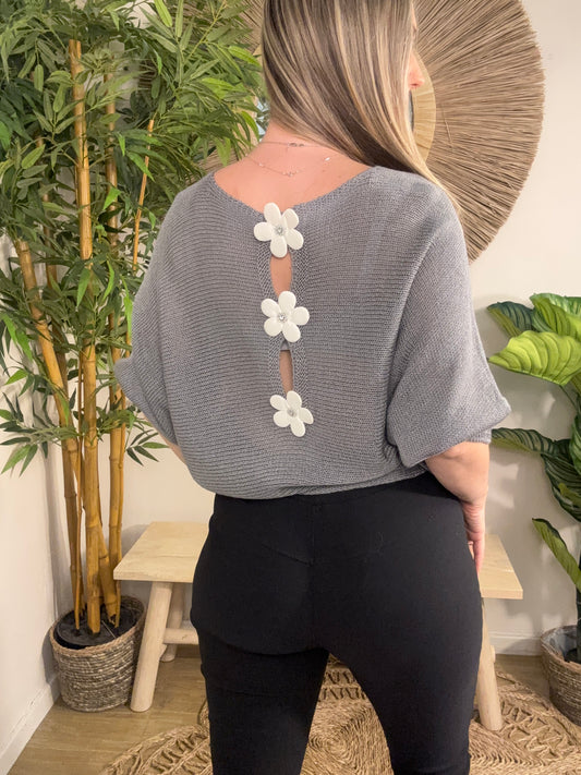 Daisy Back Mesh Jumper  Light Grey