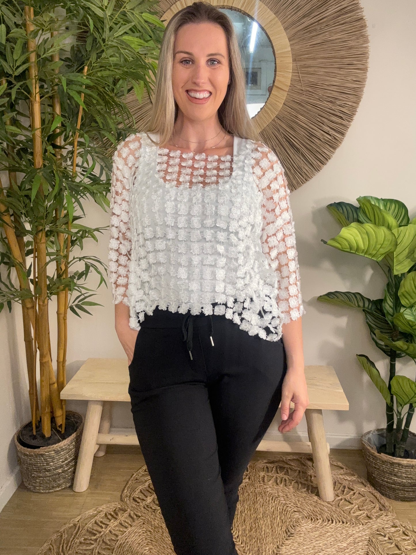 Floral Mesh Top  White