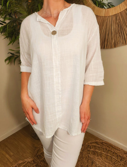 Button Detail Linen Top White