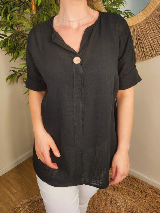 Button Detail Linen Top Black