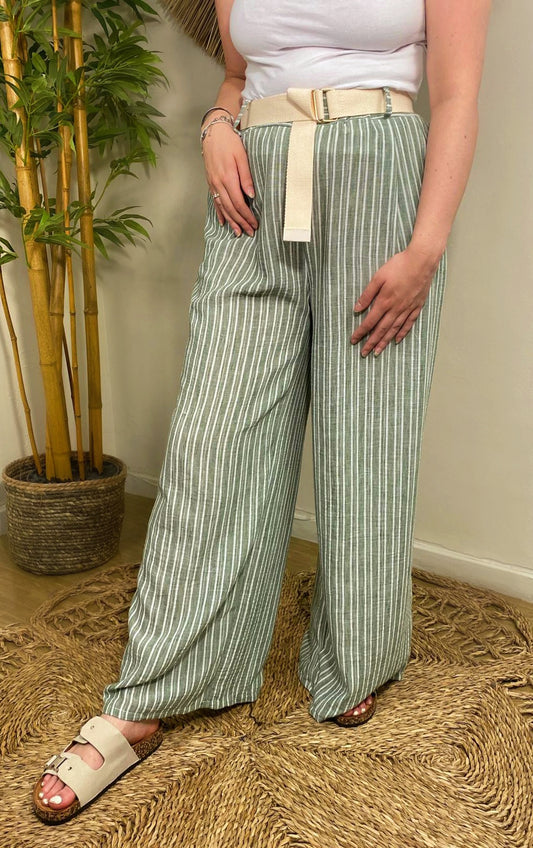 Wide Leg Striped Trousers Green