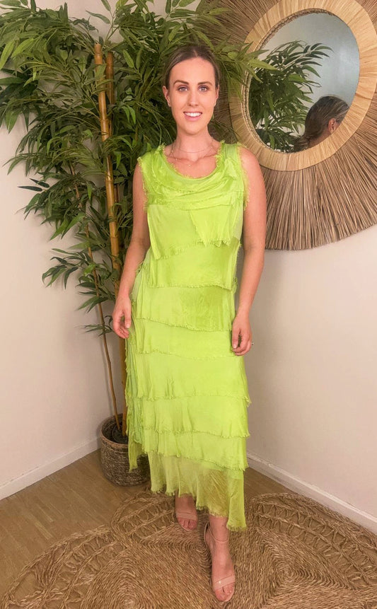 Elle Maxi Silky Layer Dress Lime Green