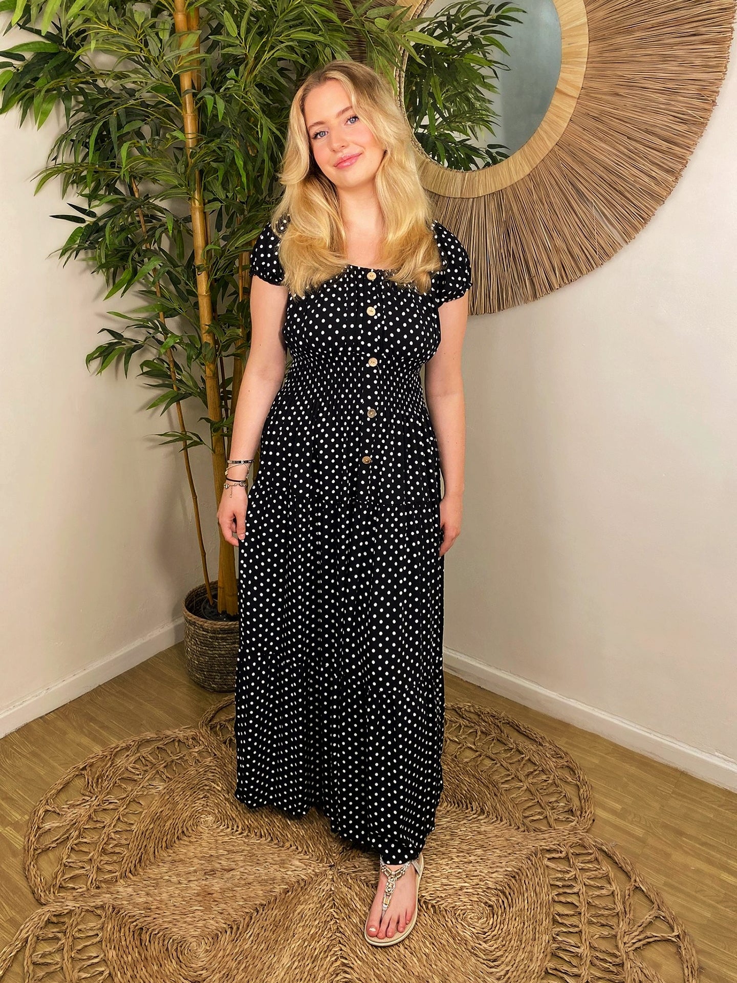 Polka Dot Bardot Maxi Dress Black