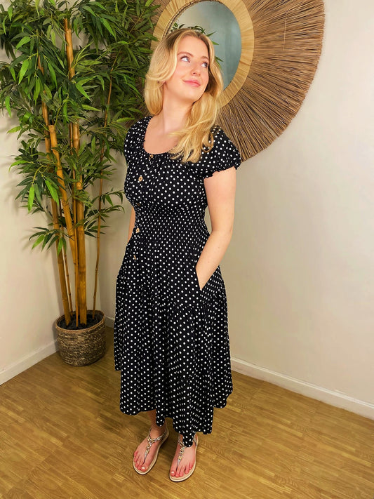 Polka Dot Bardot Midi Dress Black