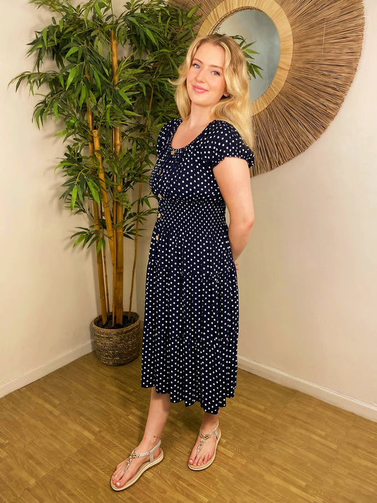 Polka Dot Bardot Midi Dress Navy