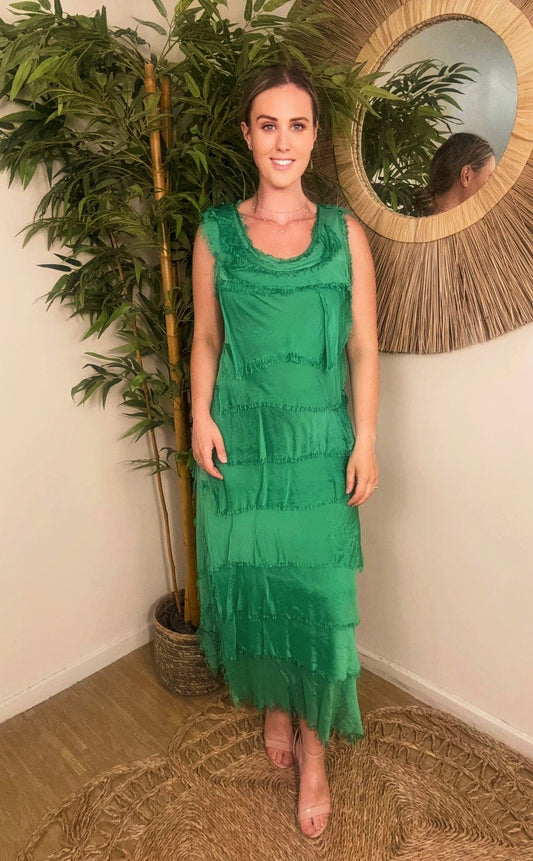 Elle Maxi Silky Layer Dress Green