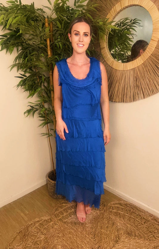 Elle Maxi Silky Layer Dress Cobalt Blue