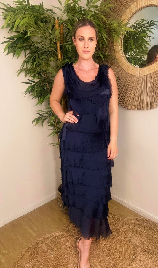 Elle Maxi Silky Layer Dress Navy