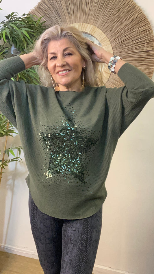 Evie Sequin Star Jumper Khaki