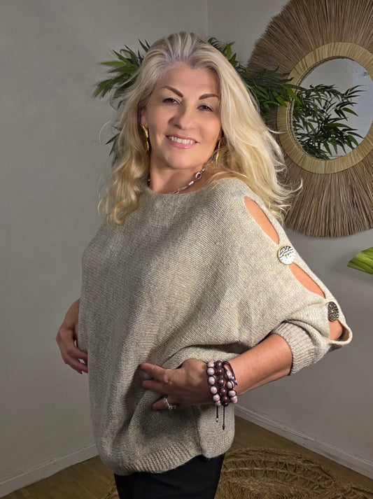 Button Sleeved Softknit Jumper Beige