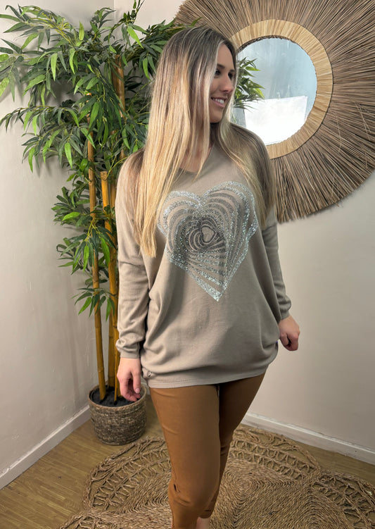 Heart Motif V Neck Jumper 1952 Taupe